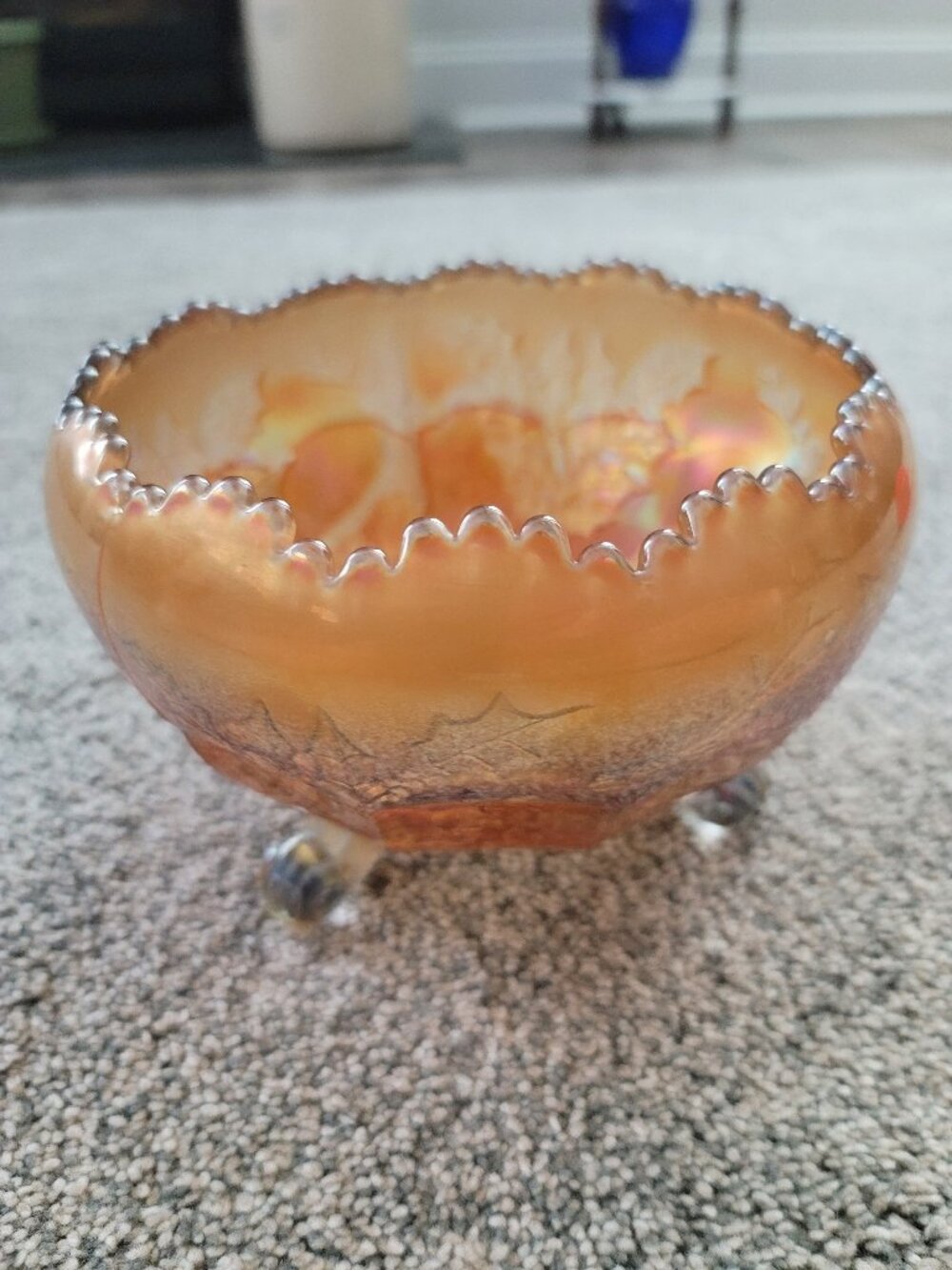 Vintage Orange Marigold Carnival Glass Bowl Crackle glass footed console bowl